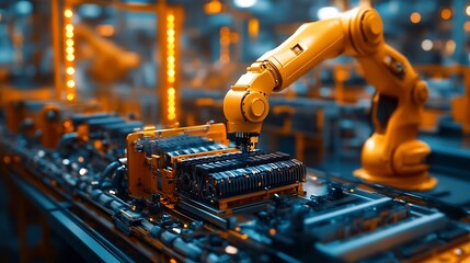 Poster - Modern Electric Car Automated Smart Factory EV Battery Pack Production Line Equipped with Orange Advanced Robot Arms Row of Robotic Arms inside Bright Plant Assemble Batteries for Auto : Generative AI