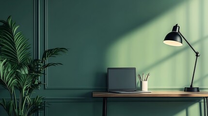 Stylish workplace with lamp and laptop near green wall : Generative AI