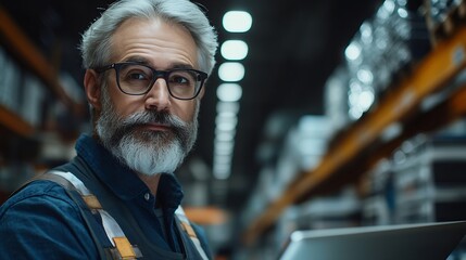 Poster - Portrait of a Senior Technician with a Beard and Glasses Using Laptop Computer and Looking at Camera Industrial Male Specialist Wearing a Protective Vest Working in a Modern Electronic : Generative AI