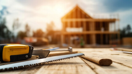 Wall Mural - A set of saws and hammers scattered across a workbench, with a house being built in the background, slightly blurred.