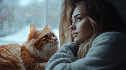 Sad young woman in pajamas with seasonal affective disorder lies alone on the bed near the window next to the domestic cat The concept of winter depression due to lack of sunlight : Generative AI