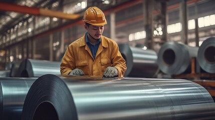 Fototapete - Engineer checking metal sheet roll in factory Factory worker man inspection on hole rolls of metal carbon steel sheets in factory or warehouse Metal sheet manufacturing business : Generative AI