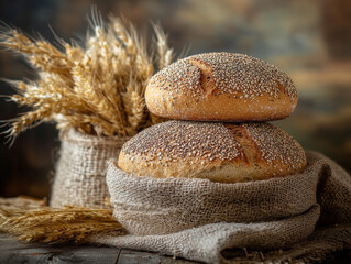 rustic bread loaves with wheat on burlap