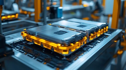 Poster - Lithiumion Highvoltage Battery Component for Electric Vehicle or Hybrid Car Battery Module for Automotive Industry on Production Line High Capacity Battery Production inside a Factory : Generative AI