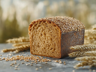 freshly baked whole grain bread loaf with seeds and wheat stalks