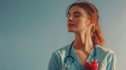 Wall Mural - Tuning into her heartbeat with a stethoscope, a woman prioritizes her spiritual harmony and psychological health, highlighting her commitment to heart care and personal well-being.