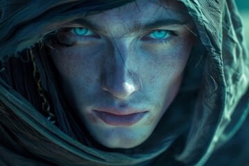 a mysterious sorcerer stands wrapped in shadows, revealing piercing blue eyes that reflect otherworl