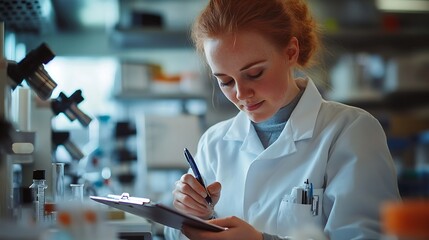 Young woman with down syndrome scientist writing on clipboard at laboratory : Generative AI