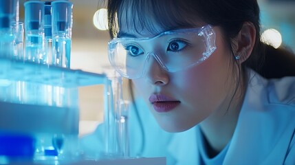 Wall Mural - Modern medical research laboratory female scientist working with micro pipettes analyzing biochemical samples advanced science chemical laboratory : Generative AI