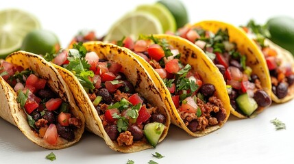 Wall Mural - Mexican tacos filled with vibrant ingredients on a white background