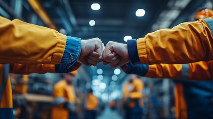 Fototapete - Group of industrial factory workers bumping fists togethershowing gesture for teamwork or unity : Generative AI