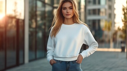 Mockup of white black heather crop sweatshirt on a beautiful girl womens shirt for design pattern print front view Template of fashion casual clothes isolated on background for adverti : Generative AI