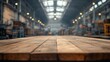 © The Little Hut - Empty wood table top with blur background of warehouse of factory The table giving copy space for placing advertising product on the table along with beautiful industrial warehouse bac : Generative AI