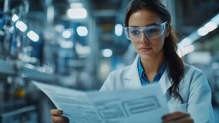 Fototapete - Female engineer reading technical documentation with project manager in modern industrial factory talking about new production project investment Team management in manufacturing facil : Generative AI