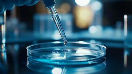 Fototapete - Scientist dripping liquid from pipette into petri dish in laboratory closeup : Generative AI