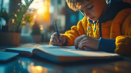 Closeup cropped shot of unrecognizable pupil boy studying at home writing in exercise book doing homework learning sitting at table Selective focus of schoolboy doing homework reading  : Generative AI