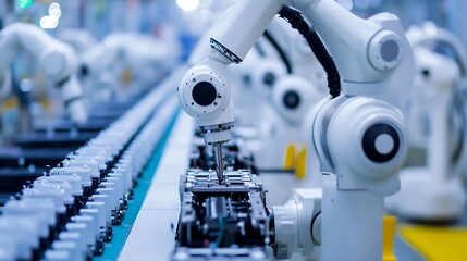 Poster - Row of White Robotic Arms at Modern Factory LithiumIon EV Battery Pack Production at Automated Assembly Line at Bright Factory Equipped With Industrial Robot Arms Electric Car Manufact : Generative AI