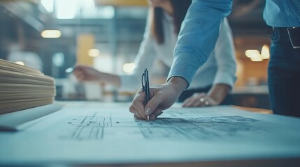 Aufkleber - Engineer Teamwork Meeting Drawing working on blueprint meeting for project working with partner on model building at company office Asian industry professional team : Generative AI