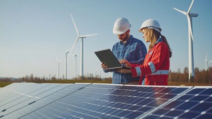 female engineer and male colleague inspecting solar panels wind turbines for renewable energy