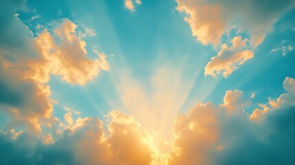 Wall Mural - beautiful blue morning sky with many little small fluffy clouds in sunlight and yellow orange sunset