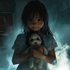 Canvas Print - A young girl in a blue dress holds a doll in a dimly lit room, creating an eerie and unsettling atmosphere.