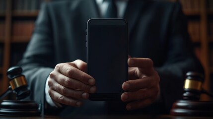 Leinwandbilder - Judge hands phone and person reading attorney communication advertising space or contact law firm consultant Lawyer cellphone mockup and top view advocate work on legal contract or pol : Generative AI