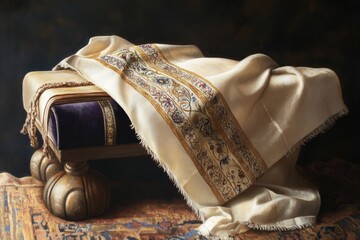 a traditional jewish prayer shawl, or tallit, draped over a velvet-covered torah illustration