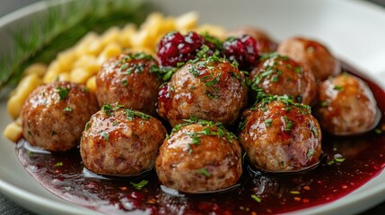 Wall Mural - Swedish meatballs with gravy and lingonberry sauce on a white background