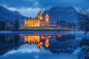 Wall Mural - A Majestic Castle Reflects on the Tranquil Waters of a Serene Lake, Bathed in the Soft Glow of Twilight.