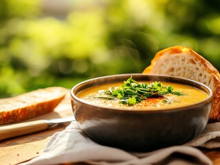 Wall Mural - Appalachian ramp soup served in a rustic bowl, garnished with fresh ramps, with a loaf of sourdough bread on the side and a butter knife resting on a napkin