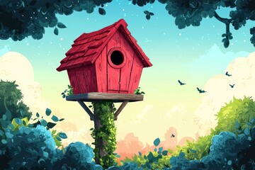 Poster - Red Birdhouse with a View in a Lush, Forested Landscape