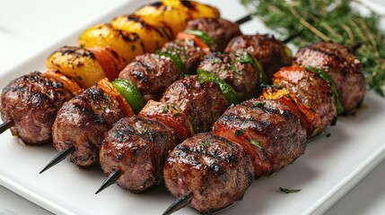 Wall Mural - Turkish kebabs with grilled vegetables on a white background