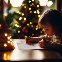 Canvas Print - A young girl sits at a table writing a letter to Santa Claus. The Christmas tree is in the background and the room is lit with warm holiday lights.