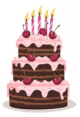 Vector flat color illustration of a three-tiered cake with chocolate frosting and pink icing, decorated with red cherries on top, candles, on a white background