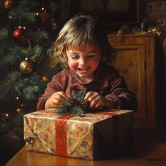 Wall Mural - A young girl smiles with delight as she opens a Christmas present, sitting in front of a decorated tree.