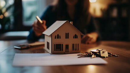 A model house sits on a table with keys nearby as a realtor writes on a document, symbolizing home buying and real estate transactions