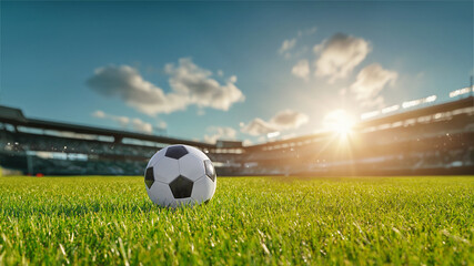 Wall Mural - textured soccer game field with soccer ball by sun light. - center, midfield