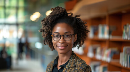 Young professional in stylish glasses smiles in a modern library filled with books, exuding confidence and success in business or academia