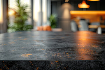 A sleek, dark tabletop with ample space for text, set against a blurred, contemporary office backdrop 