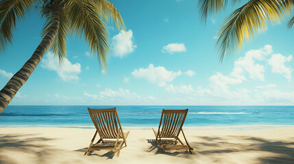 Wall Mural - Two Deckchairs Under Parasol In Tropical Beach