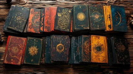 Mystical tarot cards laid out on a rustic wooden tabletop, bathed in soft light.