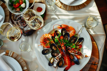 Seafood platter with wine glasses in a restaurant setting. Generative AI