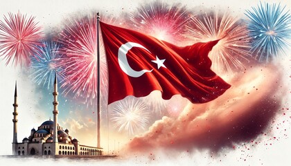 Wall Mural - Watercolor illustration for celebrating republic day in turkey. 