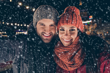 Poster - Self-portrait of his he her she nice attractive charming cute lovable lovely cheerful cheery engaged couple wearing warm outfit spending winter vacation strolling festal atmosphere outdoor