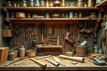 Wall Mural - A close-up of various tools and hardware arranged on a wooden workbench, perfect for DIY projects or crafting