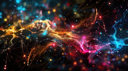 Wall Mural - Abstract picture of colorful light sparkling particles scattered across space background, create wonderful electric effect perfect for designs that aim to evoke sense of energetic and fantasy. AIG53.