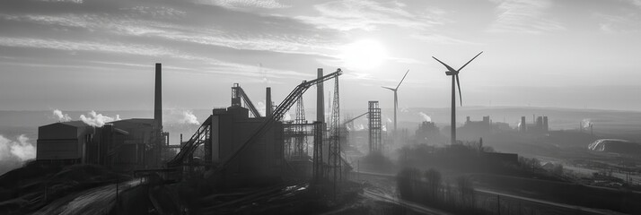 Poster - The silhouette of old factories contrasts with wind turbines, symbolizing the transition to renewable energy sources during sunset. Generative AI