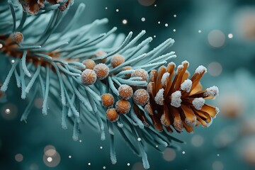 Christmas background, pine cones, glowing lights on a blue bokeh backdrop with falling snow.