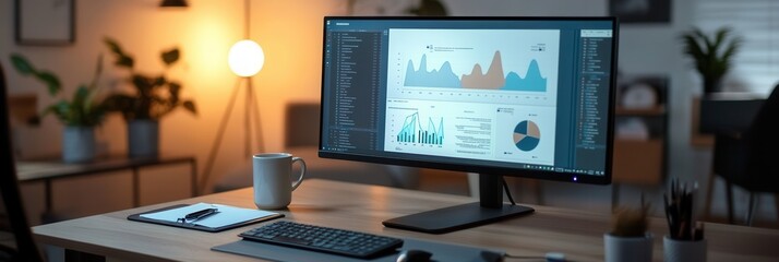 Fototapete - An expert is focused on a computer monitor, examining complex data and writing notes at a well-arranged workspace with coffee. Generative AI