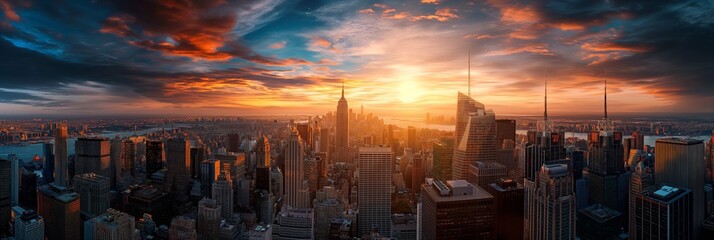 An expansive view of a city skyline at sunset, with the sky painted in vibrant colors and the skyscrapers standing tall, capturing the essence of urban life and beauty.